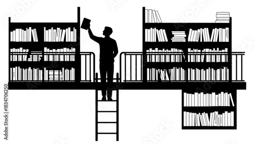 A person reaching for a book on a tall bookshelf in a library or bookstore, illustration