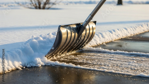Shovel clearing snowy sidewalk symbolizing winter maintenance and safety