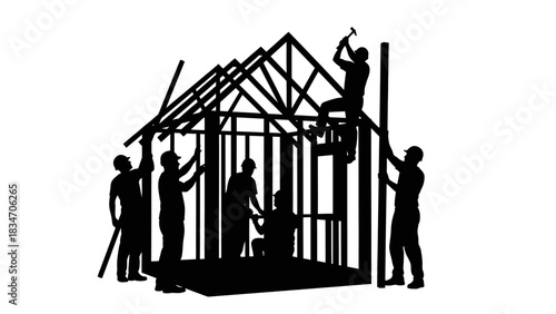 Silhouettes of construction workers building a house frame on a white background