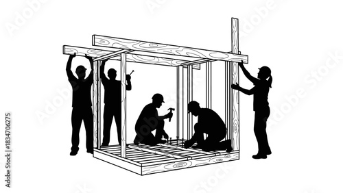 Construction crew building wooden shed together