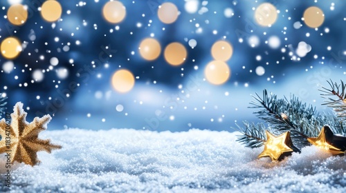 Enchanting winter wonderland scene with snow, lights, and decorations