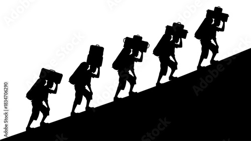 Five silhouetted figures carrying large bundles uphill on a slope in a dark outline