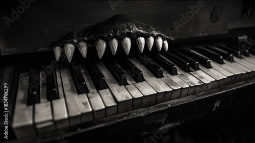 A haunting piano with monstrous teeth, evoking a sense of dark music