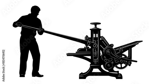 Silhouette of a man operating an antique printing press