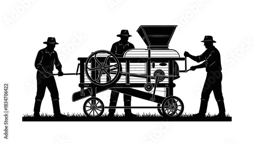 Vintage threshing machine operated by farmers in silhouette, agricultural process illustration