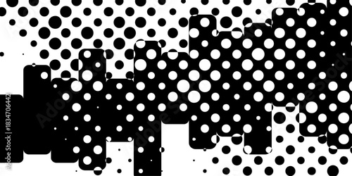 Abstract futuristic halftone shapes on suitable ornament varying sizes and color pattern background, black and white vector seamless texture with geometric difference pattern type of modern design.
