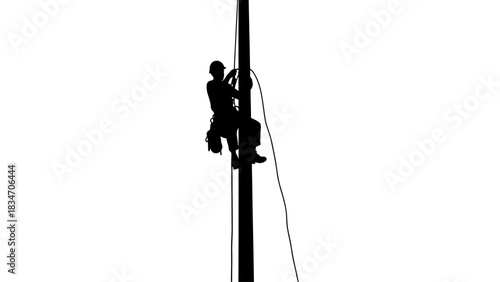 Silhouette of a worker climbing a utility pole with a rope, isolated on white
