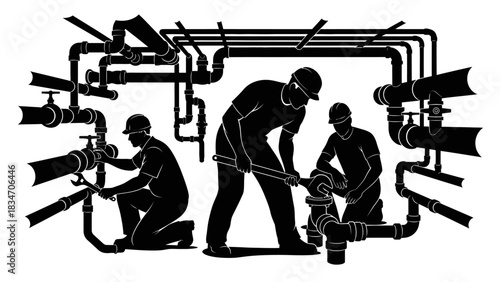 Plumbing technicians working on industrial piping system, detailed illustration