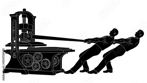 Two men collaborating to operate an industrial printing press machine with mechanical gears