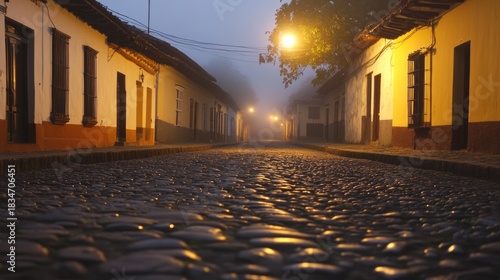 Foggy street at night in a colonial town, cobblestone reflects the warm light