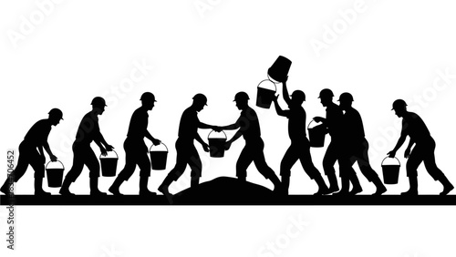 Collaboration and teamwork illustrated through a chain of people passing buckets over a mound