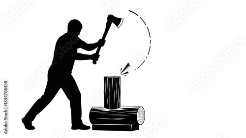Silhouette of a man chopping wood with an axe in a dynamic motion