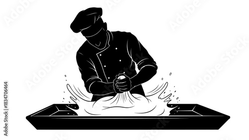 Chef preparing dough with water splashing in a baking tray