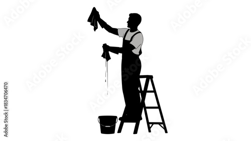 Silhouette of a cleaner on a ladder with a bucket and cloth, ready for work