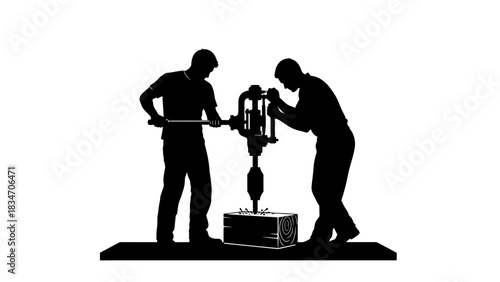 Two workers operating a drilling machine on a wooden block
