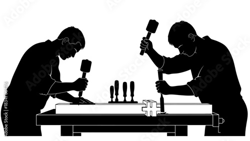 Artisans meticulously carving wood with chisels and mallets, showcasing craftsmanship