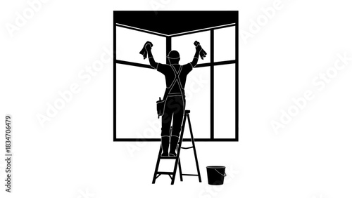 Silhouette of a person on a ladder cleaning windows with squeegees and cloths