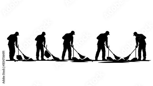 A series of silhouettes of individuals engaged in the act of sweeping, showcasing a repetitive motion
