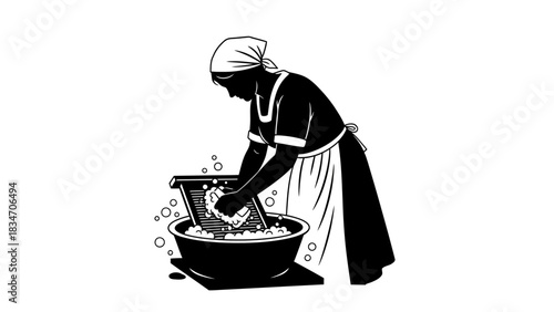 Retro illustration of a woman washing clothes by hand using a washboard and basin