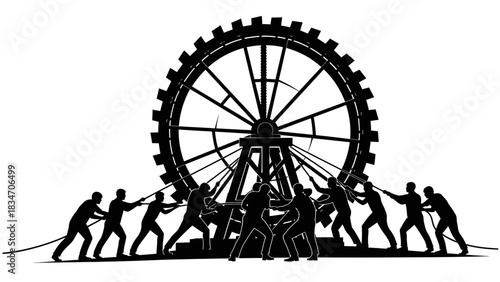 Teamwork concept group of people pulling a large wheel, illustration of collective effort and cooperation towards a common goal