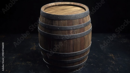 Rustic wooden barrel with metal hoops perfect for aging beverages