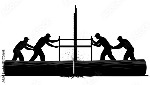 Woodworkers collaborate sawing a large log with a two-man saw and sawhorse setup