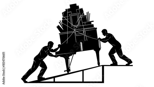Two people struggling to push a grand piano stacked with boxes up a ramp