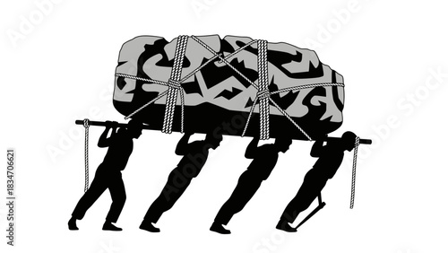 Four Silhouettes of People Carrying a Large Object Together on Poles