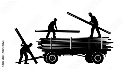 Workers load pipes onto a trailer, demonstrating construction and industry in black and white silhouette