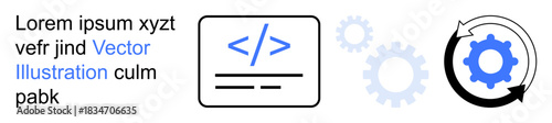 Software development, coding, programming concepts, workflow automation, backend development, technology. Gear rotation and code symbol integration. Software development and coding concepts
