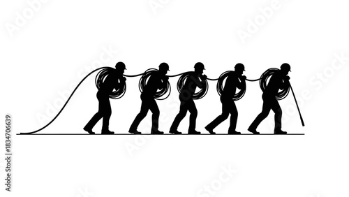 Five silhouetted figures pulling a rope in unison, symbolizing teamwork and collective effort