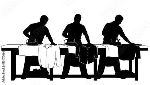 Silhouettes of people ironing clothes on a table, illustrating domestic chores and laundry services
