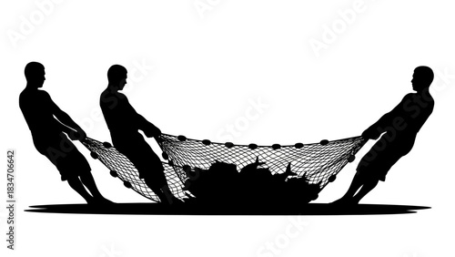 Three Fishermen Silhouette Pulling a Large Net Full of Fish onto a Boat