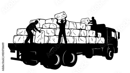 Loading hay bales onto a flatbed truck, agricultural work and transportation