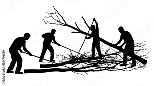 Teamwork Cutting Down Trees Illustration Silhouette