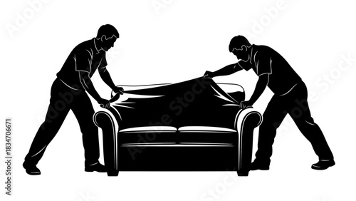 Two men covering a sofa with a sheet, symbolizing moving, storage, or protection