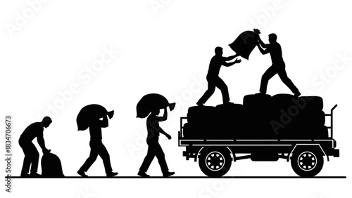Evolution of labor from carrying bags to loading trucks, symbolizing progress in work and efficiency