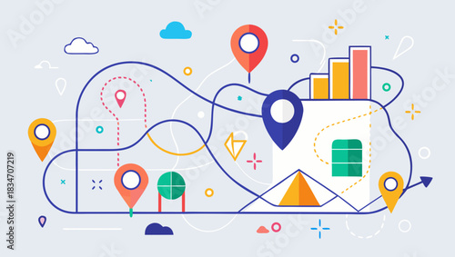 Dynamic route map for business growth and strategic planning, a modern infographic with colorful pointers, charts, and icons showing progress and navigation
