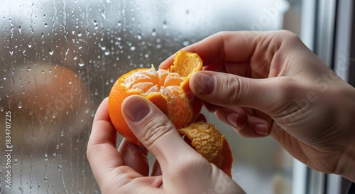 Hands peeling a juicy tangerine by a rain-streaked window indoors.