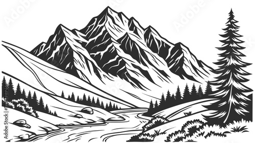 Majestic mountain peak and river landscape, perfect for adventure travel branding and rustic nature designs, originally crafted as a scalable vector graphic