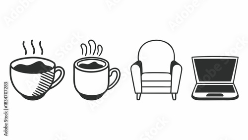 Cozy vibes with coffee, armchair, and laptop for a relaxing work from home break, perfect for creative brainstorming and digital lifestyle inspiration
