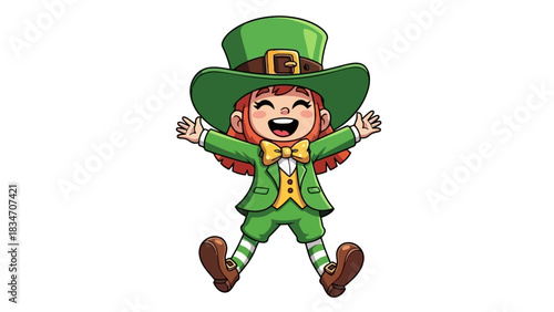 A jubilant cartoon leprechaun girl with open arms and a wide smile, celebrating the festive spirit of an Irish holiday