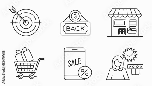 Modern icons showcasing business success, cash back, retail, mobile sales, shopping, and secured payments for vibrant marketing campaigns