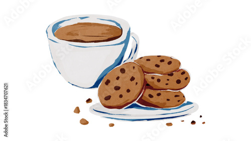 Indulge in a delicious treat with warm coffee and chocolate chip cookies, perfect for a cozy break or sweet snack, originally a scalable vector graphic