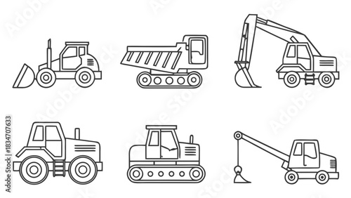 Construction vehicles outline icons, perfect for building a modern construction site design or illustrating industrial projects with dynamic machinery elements