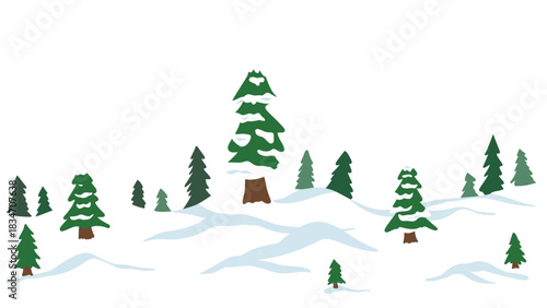 Enchanting winter forest scene with snow covered pine trees, perfect for holiday cards, seasonal designs, and creating a cozy, festive atmosphere