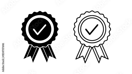 Stylish checkmark rosette icons for quality assurance, two monochrome badge style variations offer versatile options for web design and user interface projects