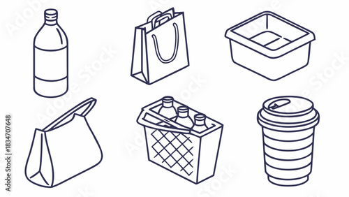 Simplified line art illustration displaying bottle, shopping bag, container, cooler and coffee cup for minimalist design projects and eco friendly themes