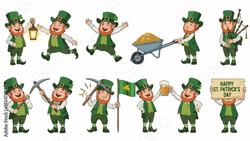 A delightful collection of cartoon leprechaun characters in various joyful poses and activities, perfect for St. Patrick's Day celebrations and Irish cultural themes