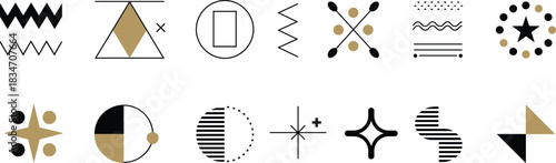 Abstract geometric symbol set, black and gold vector icons, modern decorative shapes, artistic design elements, minimal branding illustration, creative graphic motifs